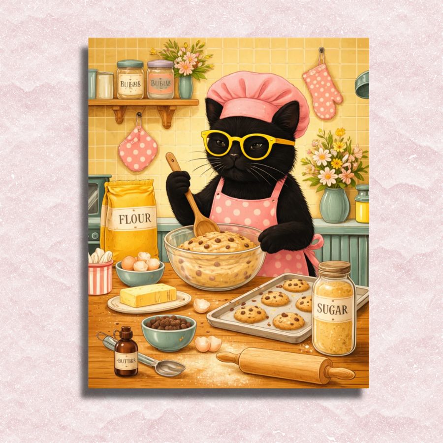 Illustration of a cat baking cookies in a kitchen setting with various baking items. Little Pastry Chef Cat - Paint by numbers