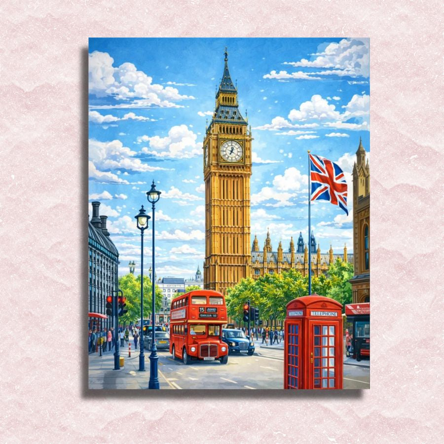 Painting of London with Big Ben, red double-decker bus, and telephone booth on a light pink background. London Big Ben - Paint by numbers