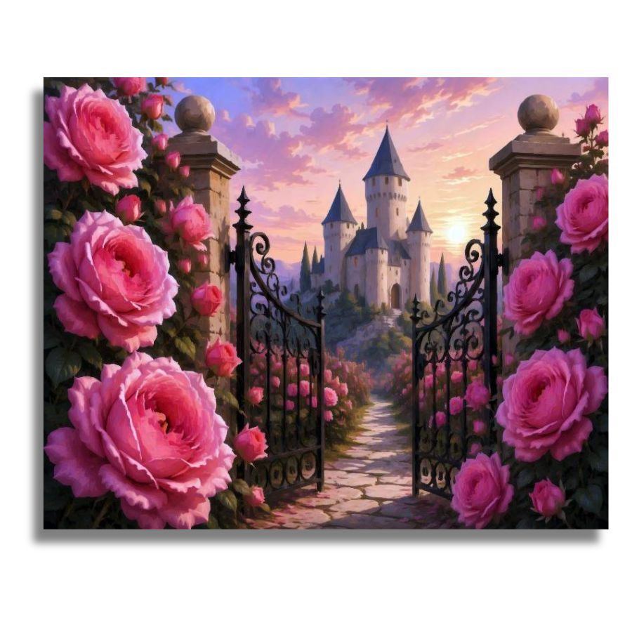 Fantasy castle surrounded by pink roses with a sunset sky. Majestic Castle Canvas - Paint by numbers