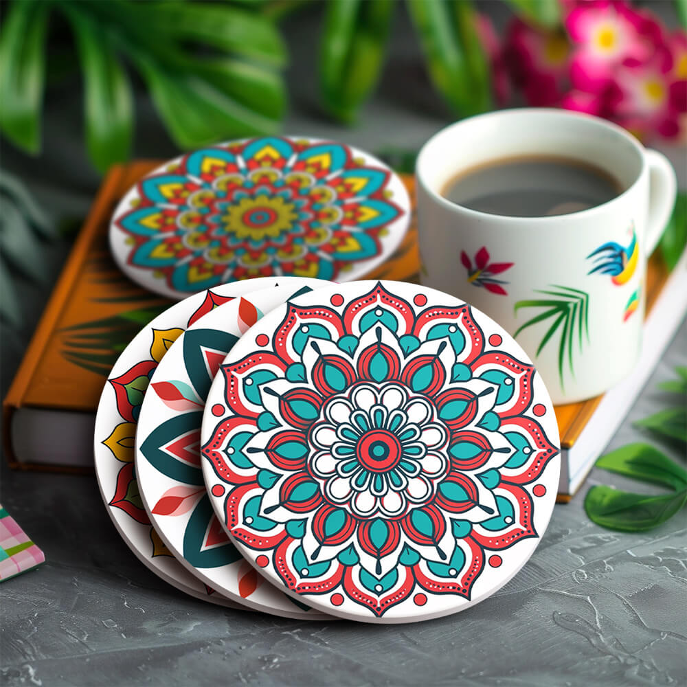 Colorful mandala coasters with a cup of coffee on a table. Mandala Coasters 6 Pack Paint by Numbers Lifestyle