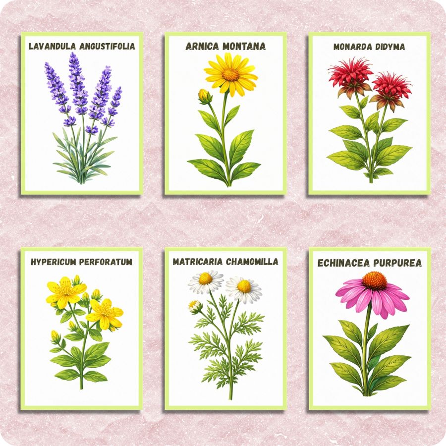 Set of six botanical prints with different flowers on a pink background. Medicinal Herbs 6 Pack Paint by Numbers Canvas