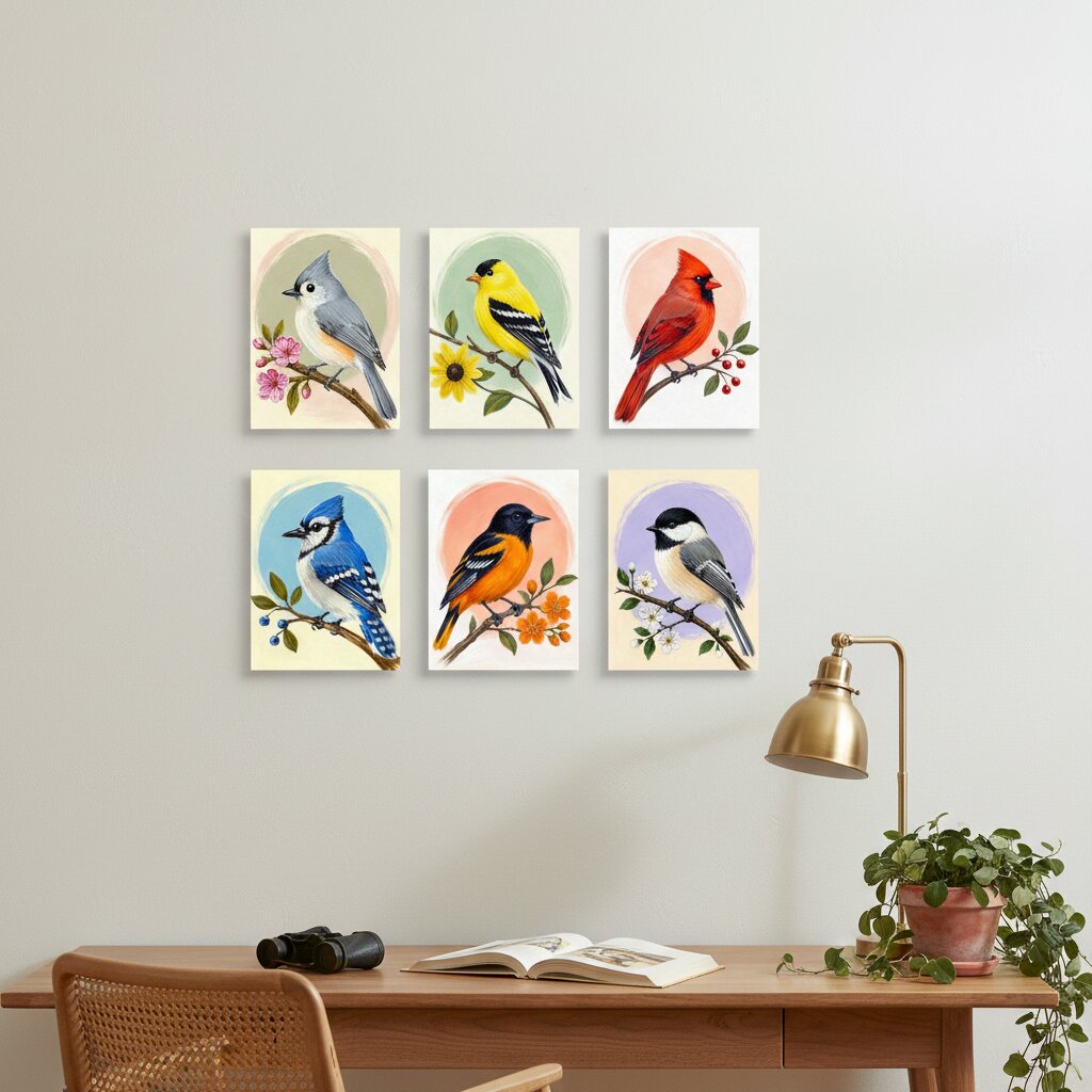 Six framed bird art prints arranged in two rows on a light gray wall above a wooden desk with a lamp, book, and plant.