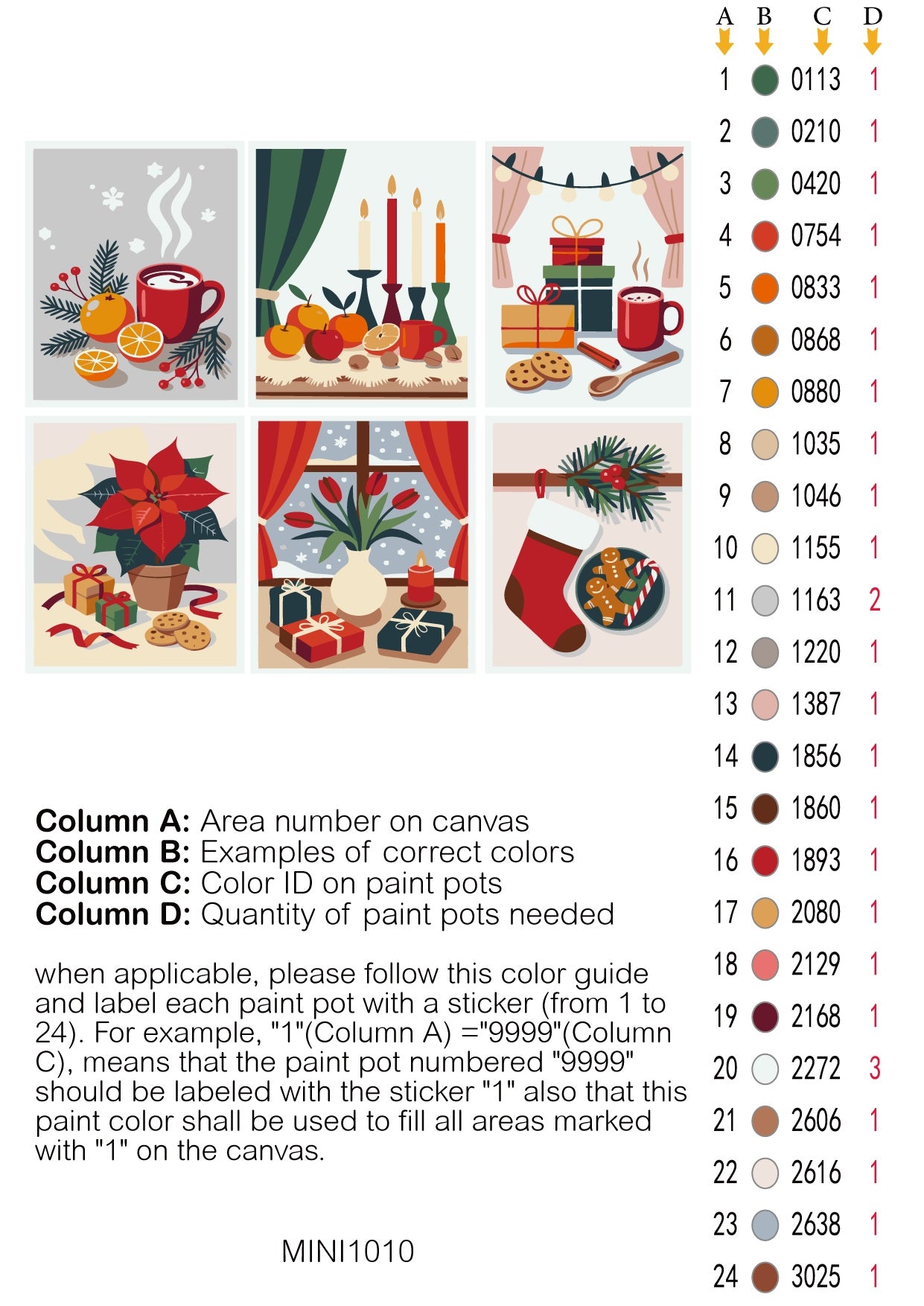 Mini Christmas Magic 6 Pack Paint by Numbers - color guide