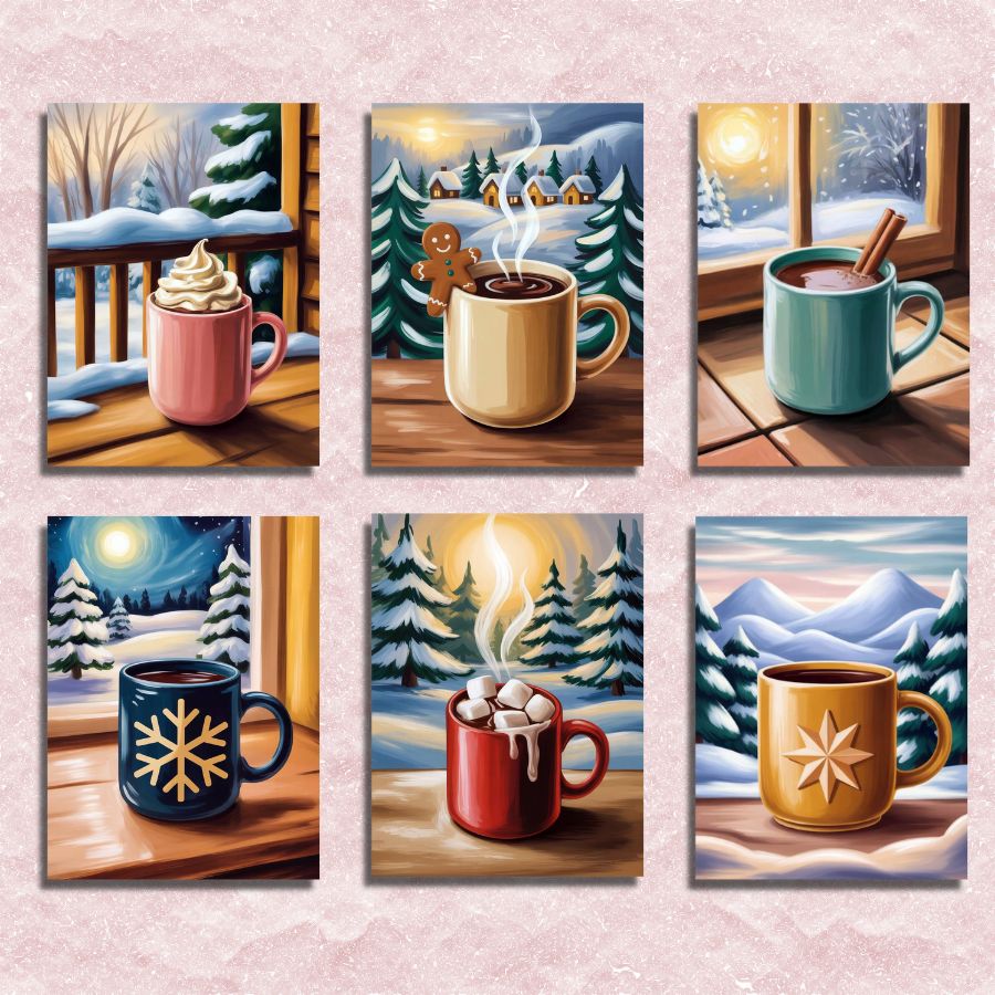 Set of six winter-themed paintings featuring mugs with hot beverages against snowy landscapes. Mini Cozy Winter Mugs - 6 pack - Paint by numbers