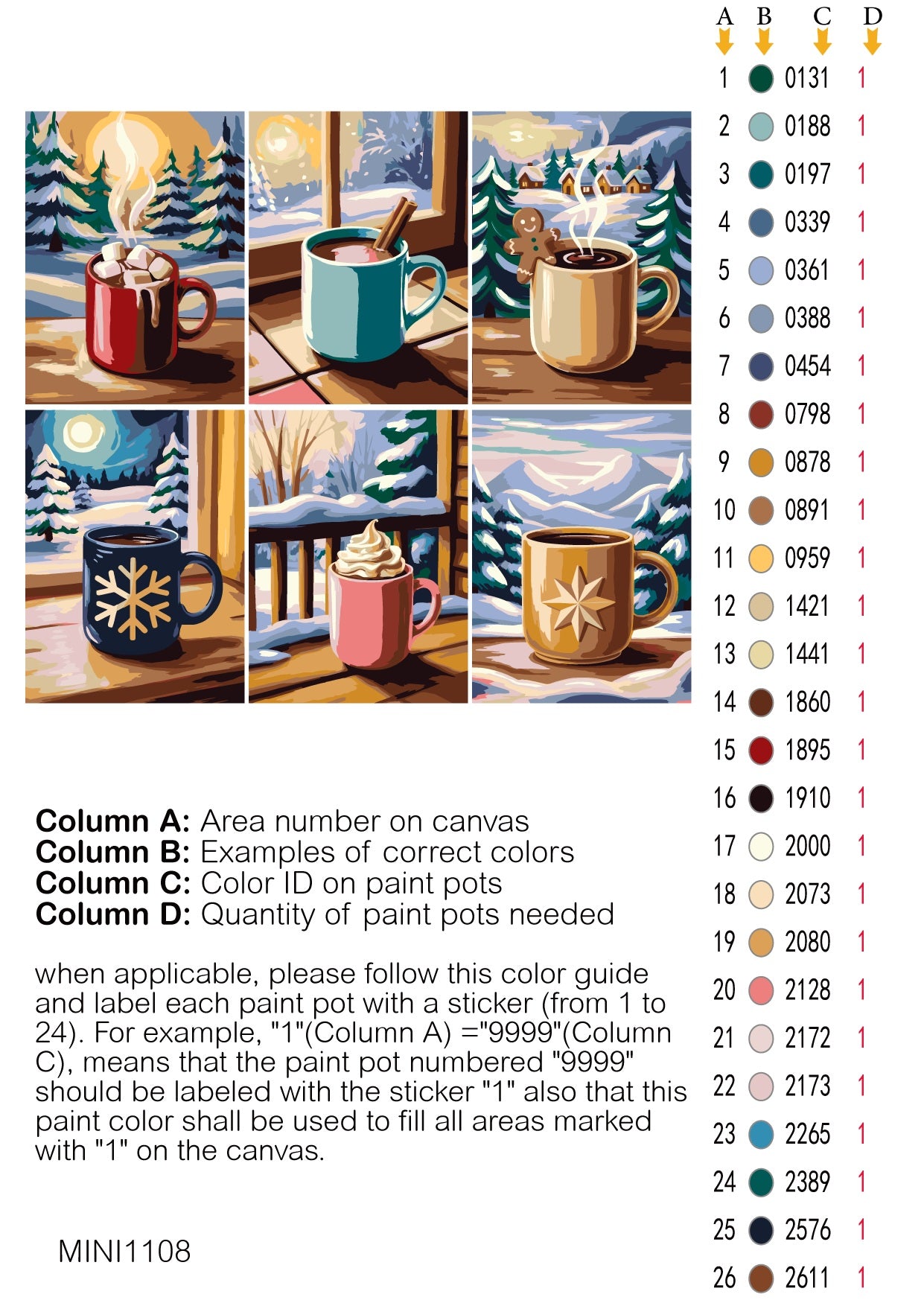 Mini Cozy Winter Mugs - Paint by numbers - color card