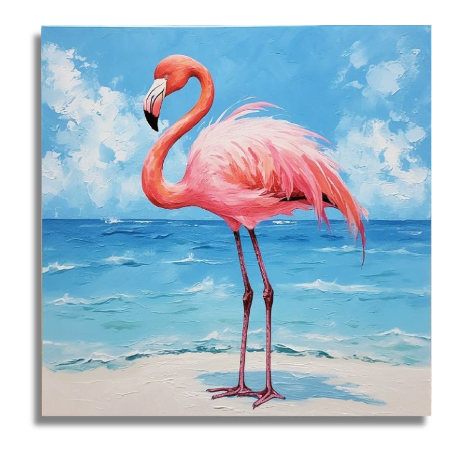 A colorful painting of a pink flamingo standing on a sandy beach with blue ocean waves and a blue sky with white clouds in the background. Mini Flamingo Canvas - Paint by numbers