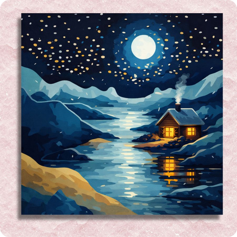 Cabin by a lake at night with a full moon and starry sky. Frozen Iced Country Canvas - Paint by numbers