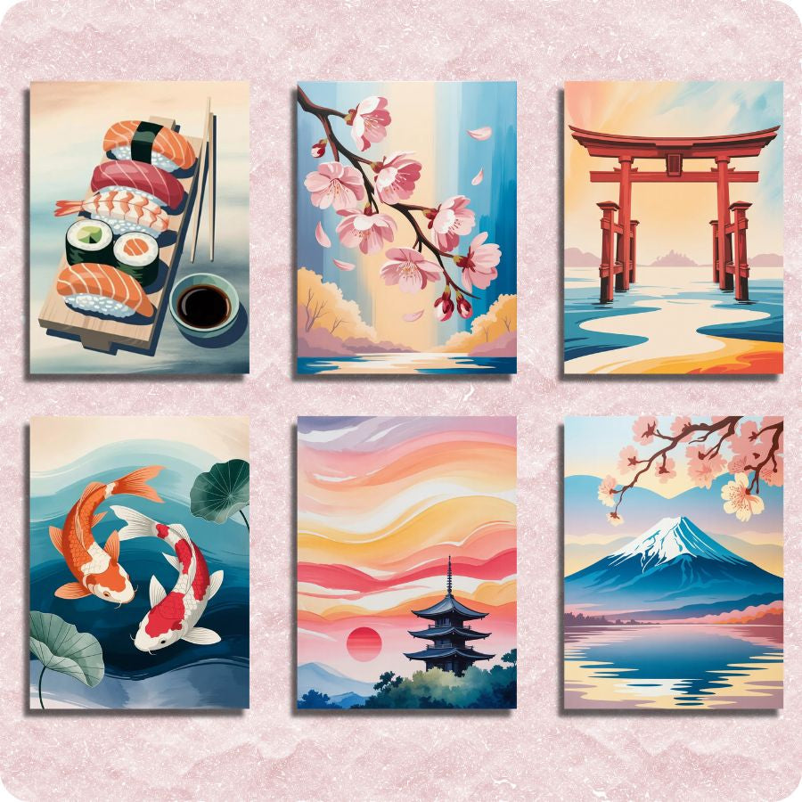 Set of six colorful paintings featuring Japanese-themed scenes on a pink background. Mini Japan Scenes - paint by numbers