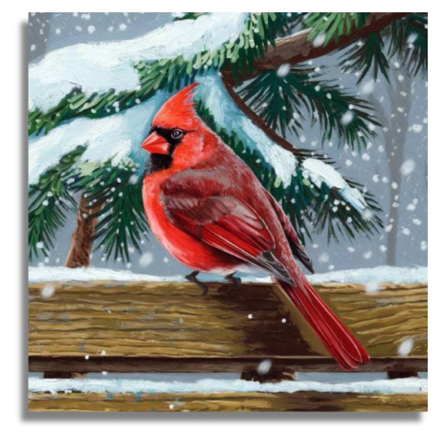 A square canvas or print showing a bright red cardinal perched on a snowy wooden railing, with snow-covered evergreen branches and falling snow in the background. Mini Snowfall Cardinal Canvas - Paint by numbers