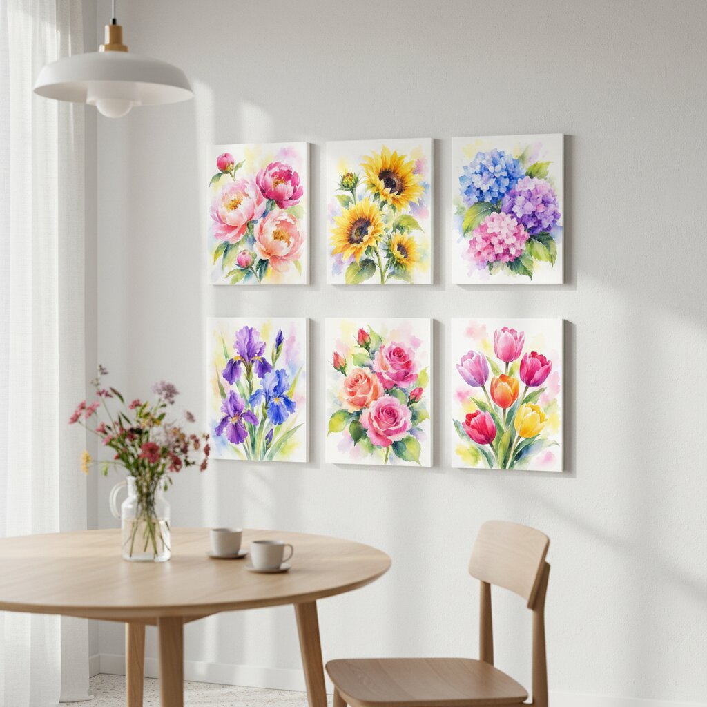 Six square watercolor floral art prints arranged in two rows of three on a white wall above a round wooden dining table with a chair and a hanging pendant light.