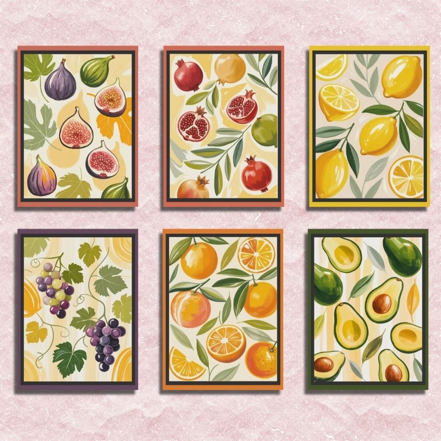 Set of six colorful illustrations of fruits and vegetables on a pink background. Mini Fruit 6 Pack - Paint by numbers