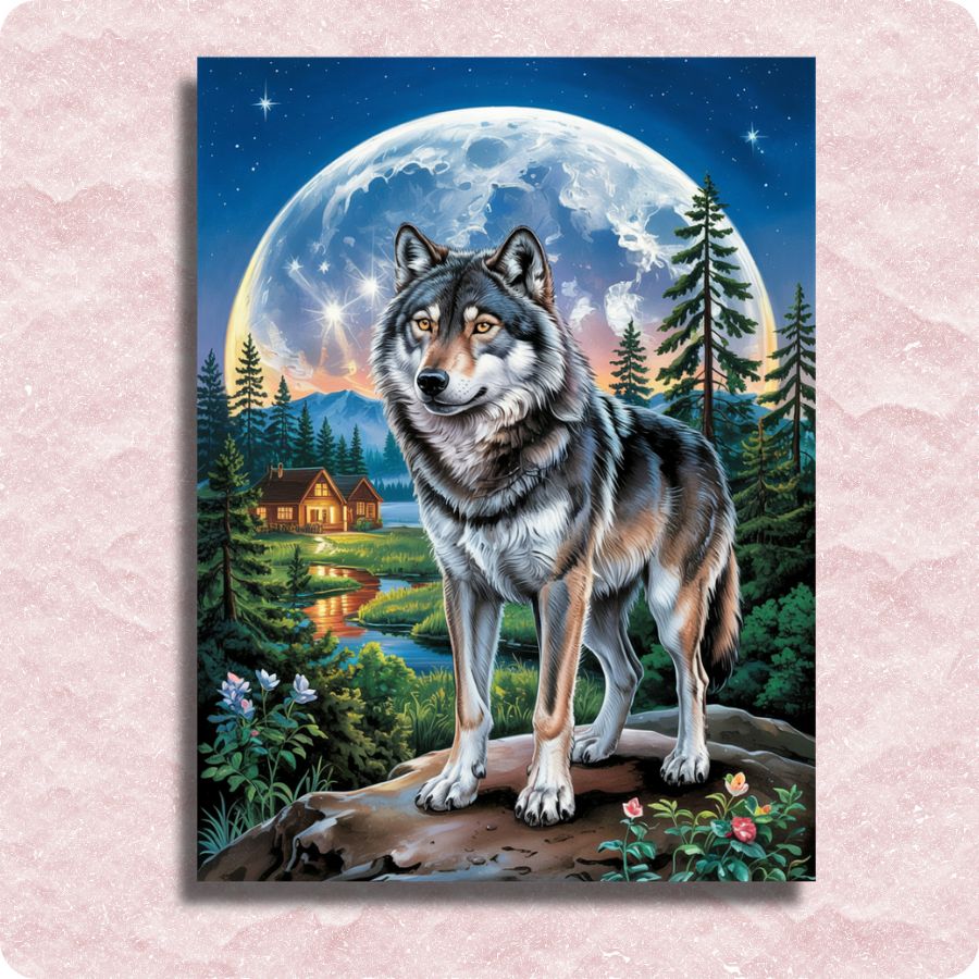 Moonlit Wolf Guardian - Paint by numbers - Wolf standing in a forest with a full moon and cabin in the background
