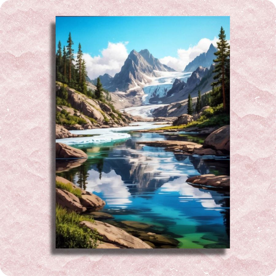 Rocky Mountains Lake Reflection Canvas - Paint by numbers - Scenic painting of a mountain landscape with a lake and trees on a pink textured background