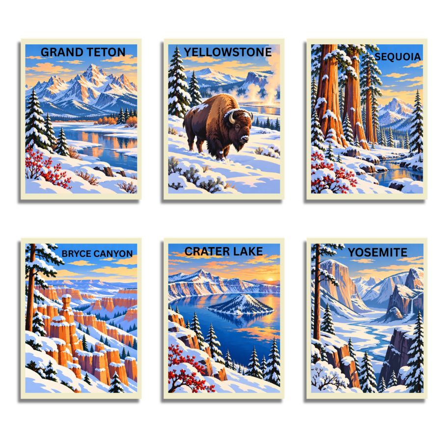 Six vintage-style travel posters showing national park landscapes arranged in a 2x3 grid on a white background: Grand Teton, Yellowstone, Sequoia, Bryce Canyon, Crater Lake, and Yosemite. National Park Winters Paint by Numbers 6 Pack