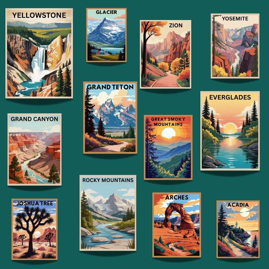 Collection of 12 scenic posters with various national parks on a green background, labeled 'Mega Bundle' - Paint by numbers