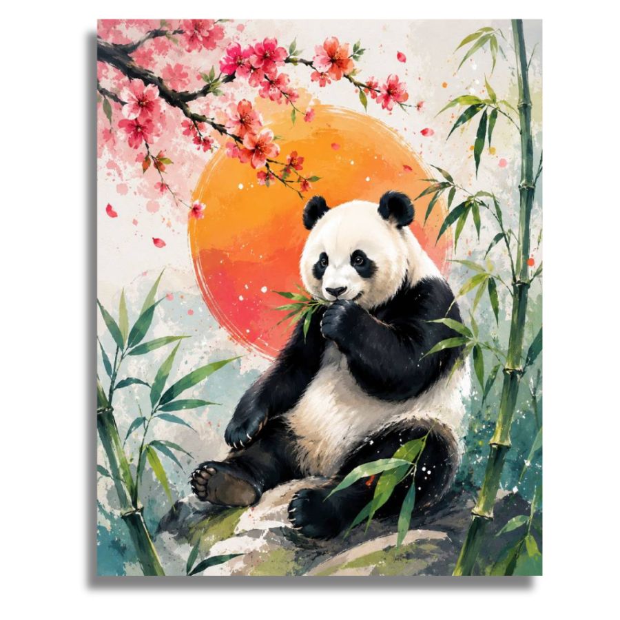 Panda bear with bamboo and cherry blossoms against a sunset sky. Resting Panda in Blossom