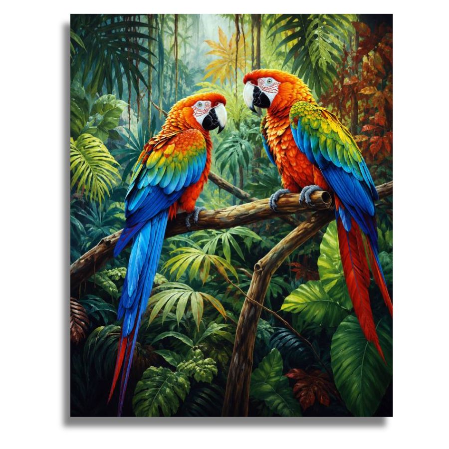 Two colorful parrots on a branch with a jungle background. Parrots - Paint by Numbers Kit