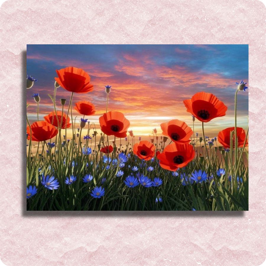Field of red poppies and blue flowers with a sunset sky on a textured pink background paint by numbers