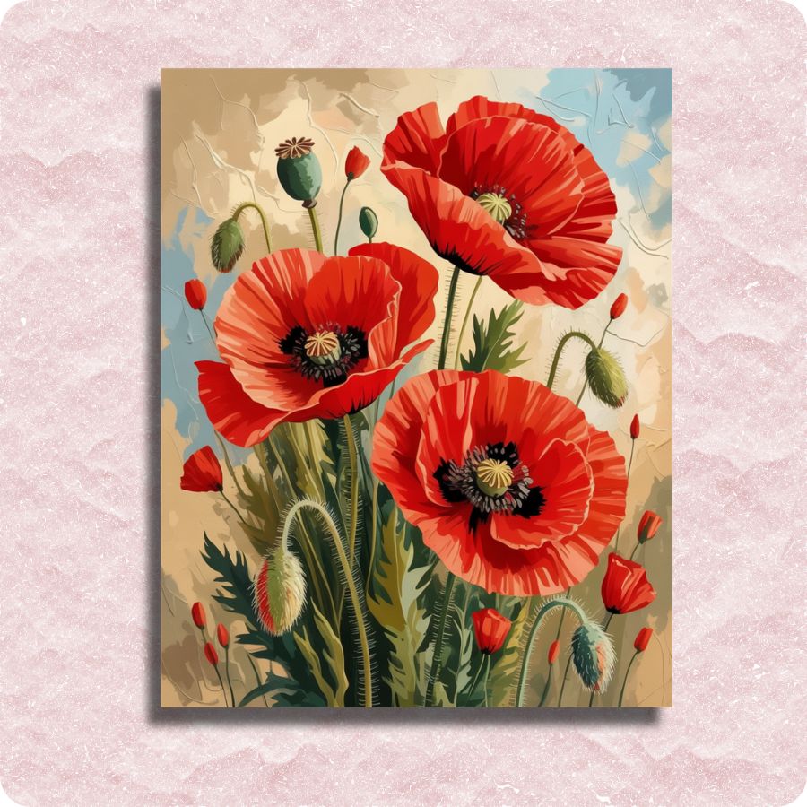 Framed artwork of red poppies on a textured pink background. Poppy Flowers - Paint by numbers