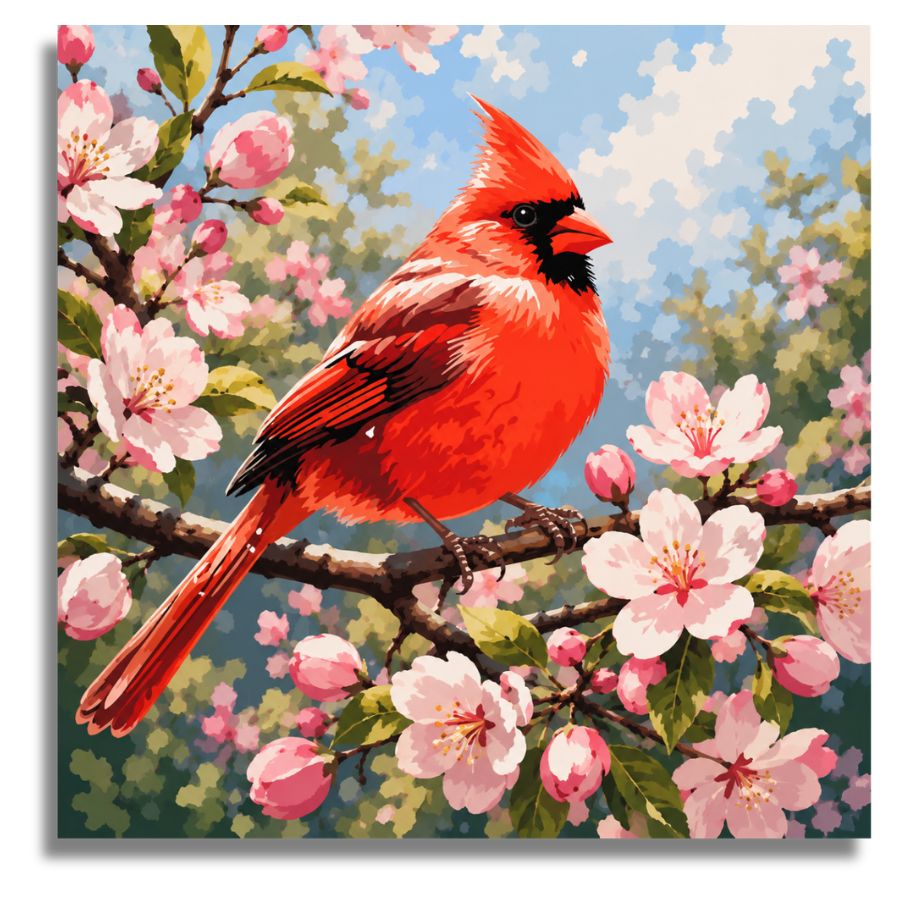 Red cardinal bird on a branch with pink flowers. Red Cardinal Songbird Canvas - Paint by numbers