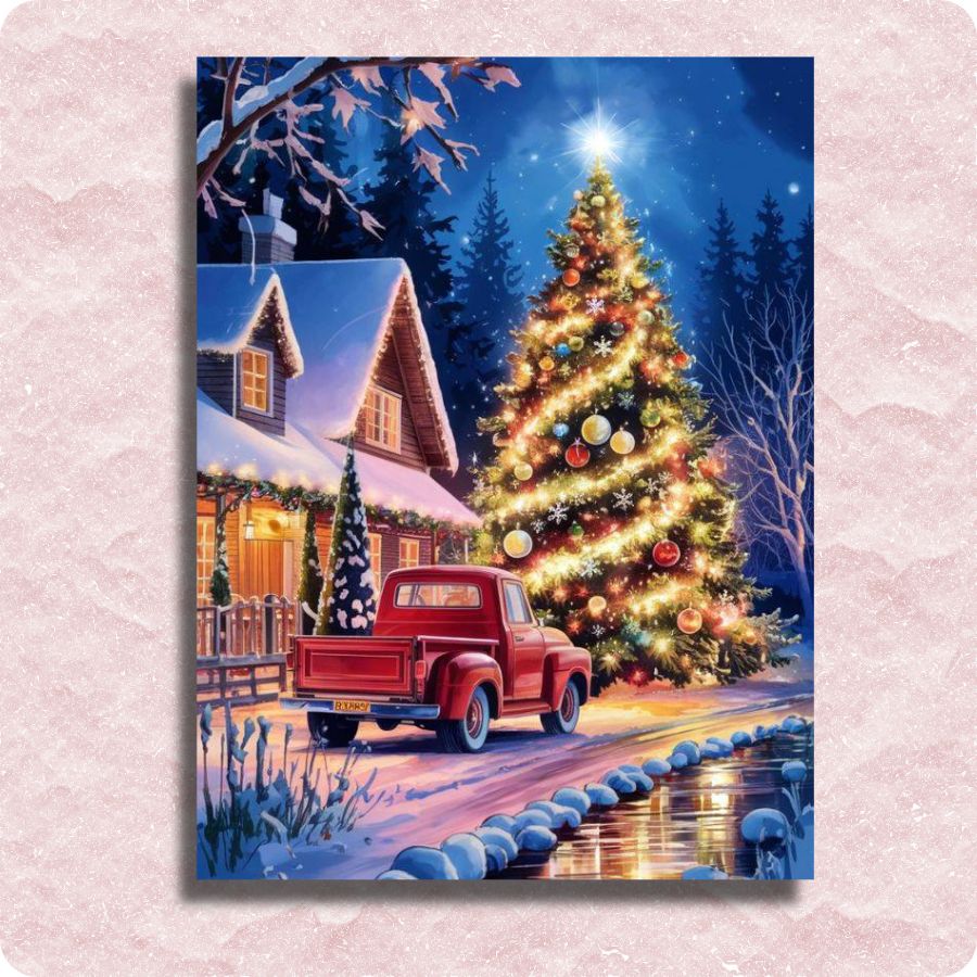Red Truck in the Snow Canvas - Paint by numbers - Christmas scene with a red truck, decorated tree, and snow-covered house.