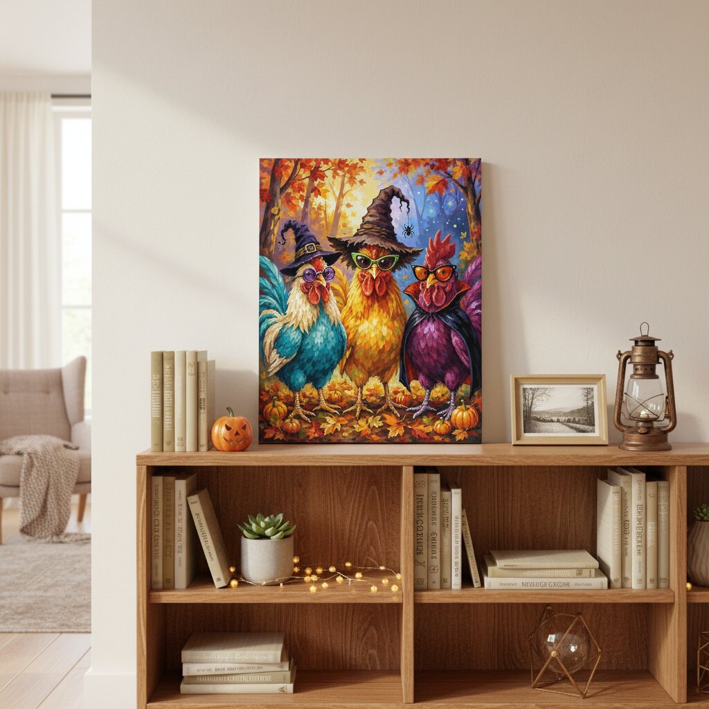 A colorful framed art print depicting three whimsical roosters in witch hats standing on pumpkins, displayed on a wooden bookshelf in a styled living room setting. Rooster Witches - Paint by numbers lifestyle