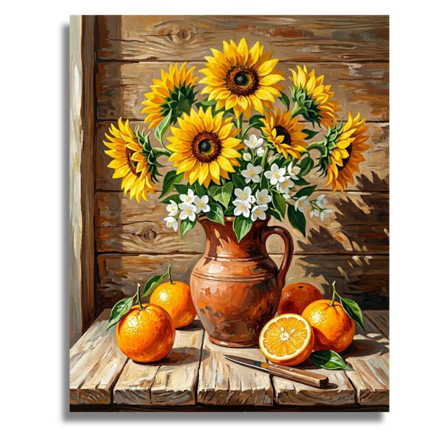Still life painting with sunflowers, oranges, and a pitcher on a wooden surface. Rustic Sunflower Vase - Paint by numbers