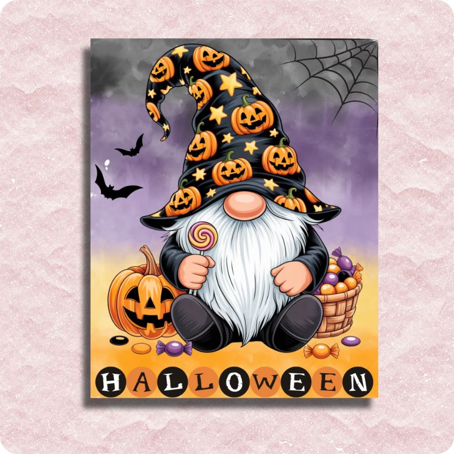 Halloween-themed gnome with a witch hat and pumpkins on a purple background. Spooky Candy Gnome - Paint by numbers