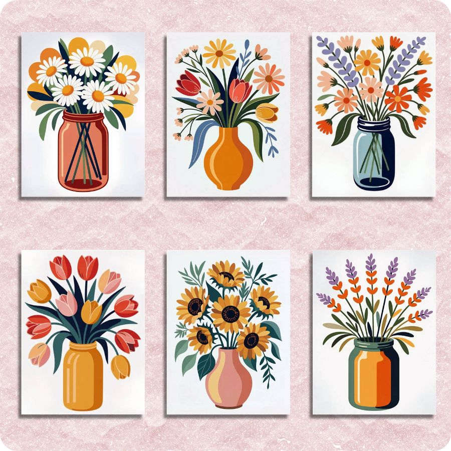 Set of six colorful floral bouquets in jars on a pink background. Spring Mason Jar Flower 6 Pack Paint by Numbers