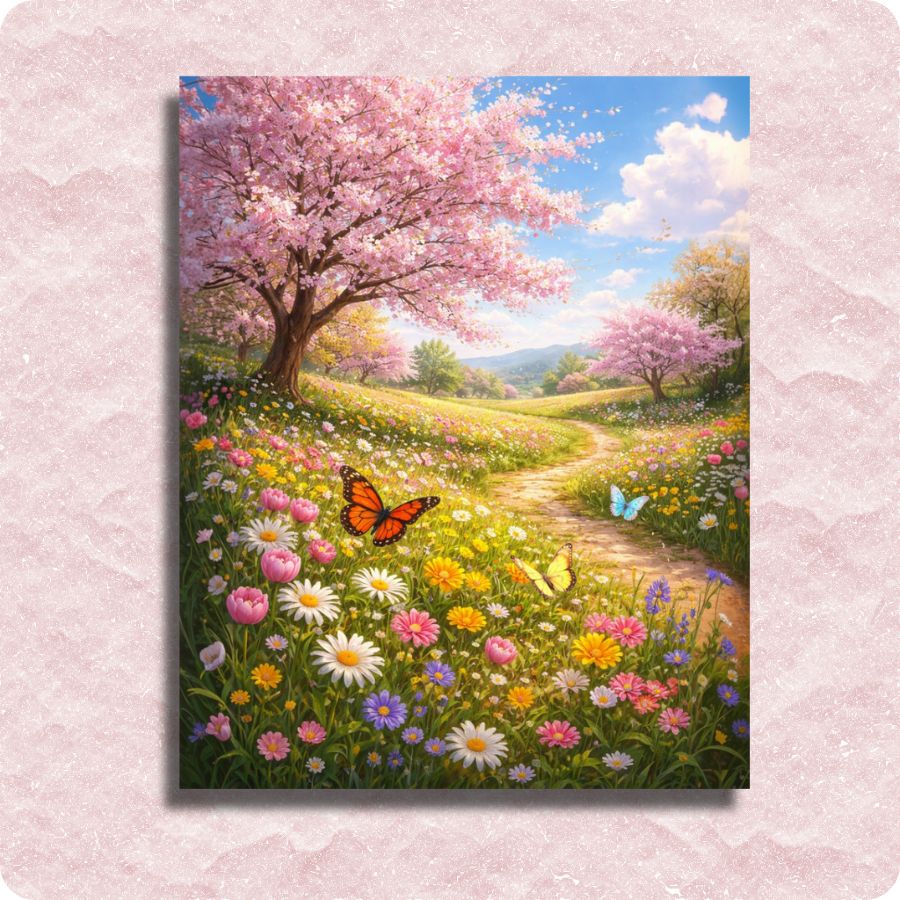 Painting of a cherry blossom tree and colorful flowers with butterflies on a pink textured background. Springtime Paint by Numbers