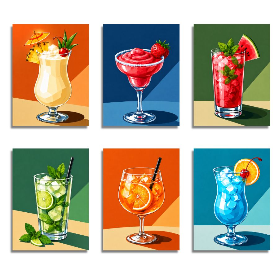 Set of six colorful cocktail posters on a colorful background. Summer Cocktails 6 Pack Paint by Numbers