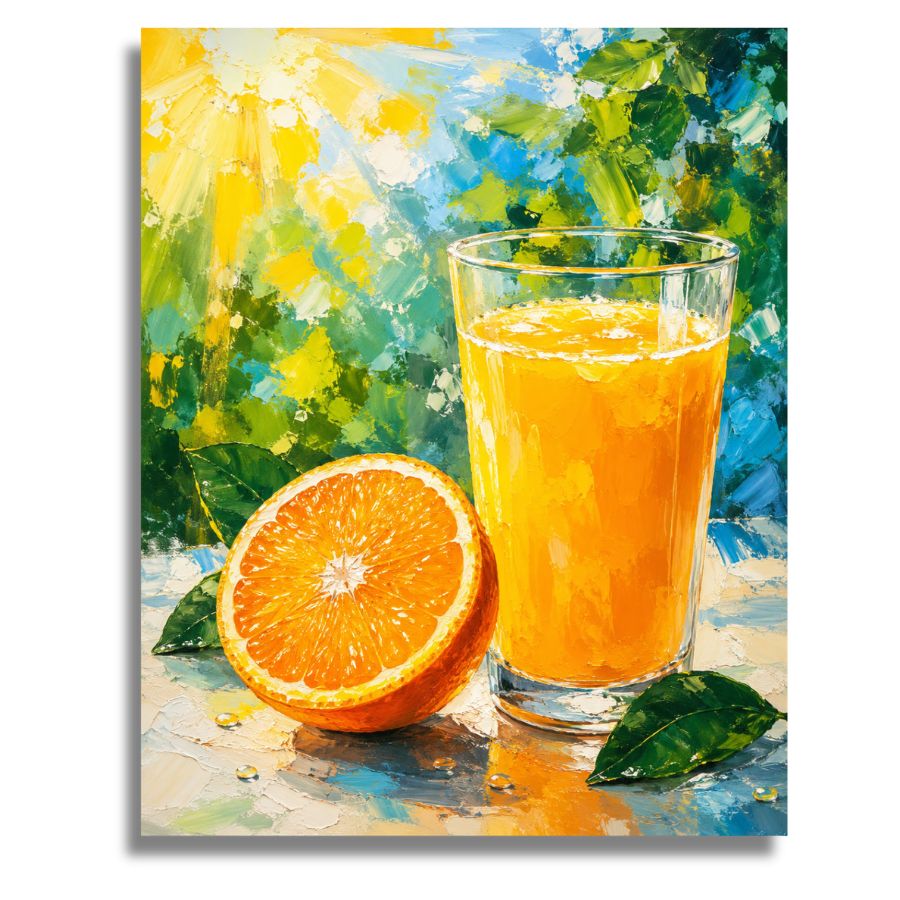 Painting of a glass of orange juice and an orange with green leaves on a colorful background. Sunlit Orange Juice - Paint by numbers