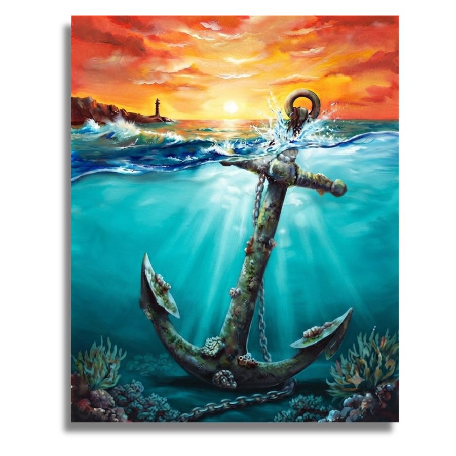 A square canvas art print depicting a dramatic sunset over the ocean with a large anchor rising from the seabed, shown against a plain white background. The Anchor of Hope - Paint by numbers