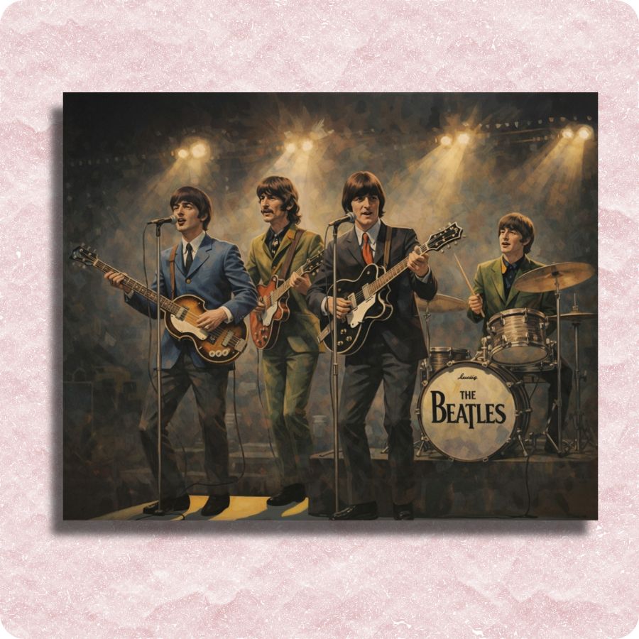 Framed artwork of The Beatles on stage with a pink textured border. The Beatles - Live on Stage Canvas - Paint by numbers
