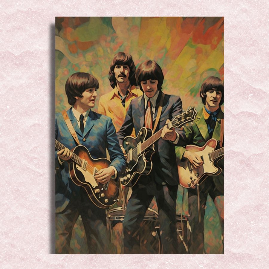 Artistic depiction of The Betles with guitars on a colorful abstract background. The Beatles - Paint by numbers
