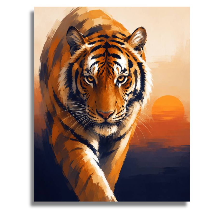 Painting of a tiger with a sunset background. Tiger at Dusk Canvas - Paint by numbers