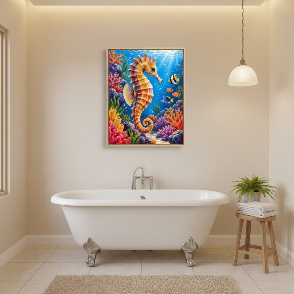 A colorful framed wall art print of a seahorse underwater scene, displayed above a white clawfoot bathtub in a bright, modern bathroom with a hanging pendant light and a small plant on a stool. Tropical Seahorse - Paint by numbers lifestyle