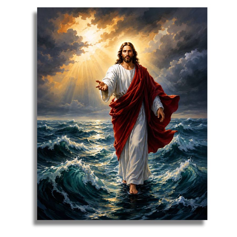 A vertical canvas print of a religious painting depicting Jesus walking on the sea, surrounded by dramatic waves and a glowing sky with sun rays breaking through dark clouds. Jesus is wearing a white robe with a flowing red cloak and is barefoot on the water. Trust in Jesus Even in Storms - Paint by numbers
