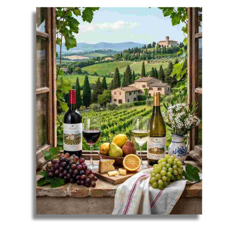 A square wall art print depicting a Tuscan vineyard landscape seen through an open wooden window, with wine bottles, glasses, grapes, fruit, and a cloth on the windowsill. The print is shown against a plain white background with a subtle drop shadow. Tuscan Vineyard View - Paint by numbers