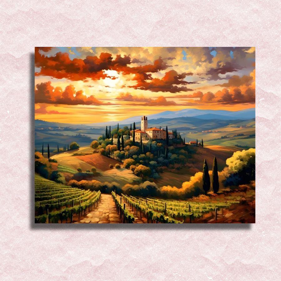 Painting of a Tuscan landscape with a castle, vineyards, and cypress trees. Tuscany Landscape - Paint by Numbers Kit
