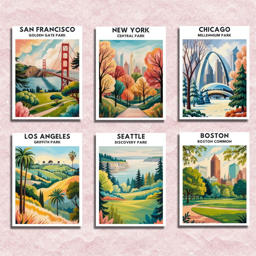 Set of six illustrated posters of famous parks in different cities on a pink background. Urban Parks 6 Pack Paint by Numbers