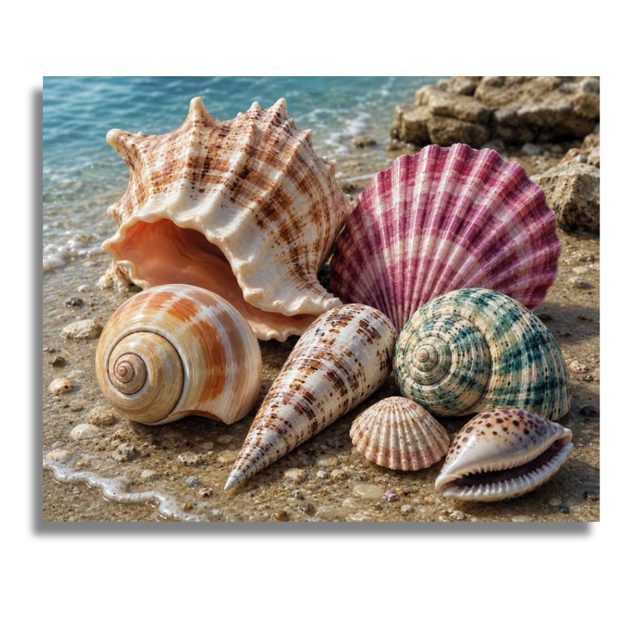 Seashells on a sandy beach with water in the background. Vivid Coastal Shells - Paint by numbers