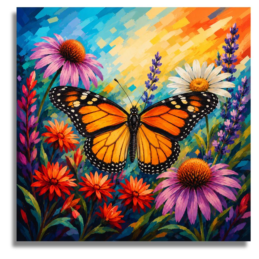 Colorful painting of a butterfly and flowers with a vibrant background. Wings Over Wildflowers Canvas - Paint by numbers