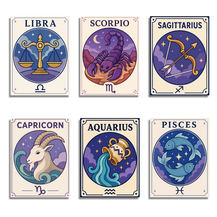 Six zodiac card illustrations arranged in a 2x3 grid on a white background. The cards feature Libra, Scorpio, Sagittarius, Capricorn, Aquarius, and Pisces, each with a cream border, a purple circular illustration, and the zodiac name and symbol printed below. Zodiac - Mini paint by numbers