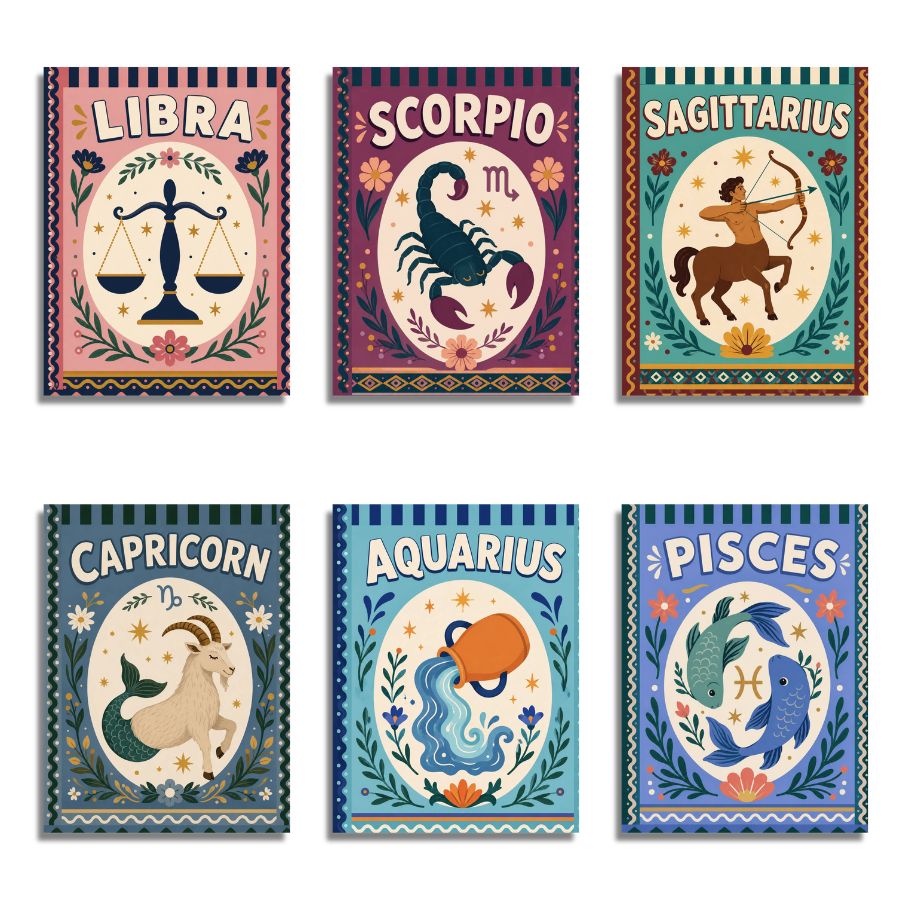 Six decorative zodiac sign art prints arranged in a 2x3 grid on a white background. The signs feature Libra, Scorpio, Sagittarius, Capricorn, Aquarius, and Pisces with colorful astrological illustrations and names. Zodiac - Mini paint by numbers