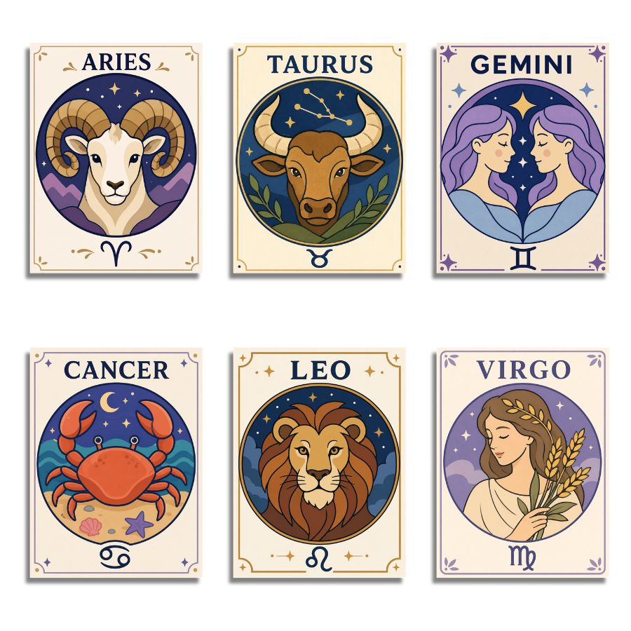 Six illustrated zodiac card designs arranged in a 2x3 grid on a white background. The cards feature cream borders and zodiac symbols: Aries, Taurus, Gemini, Cancer, Leo, and Virgo, each with a stylized zodiac animal or figure inside a circular illustration. Zodiac - Paint by numbers