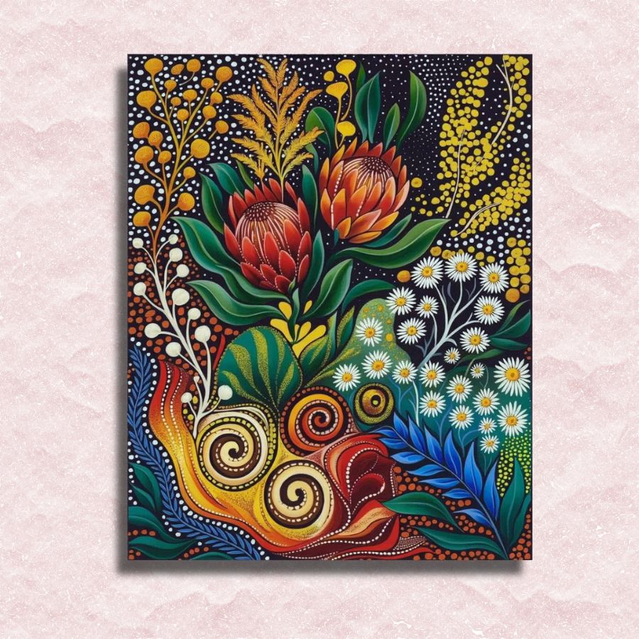 Colorful aboriginal floral artwork with intricate patterns on a textured wall background. Aboriginal Art Flower - Paint by Numbers
