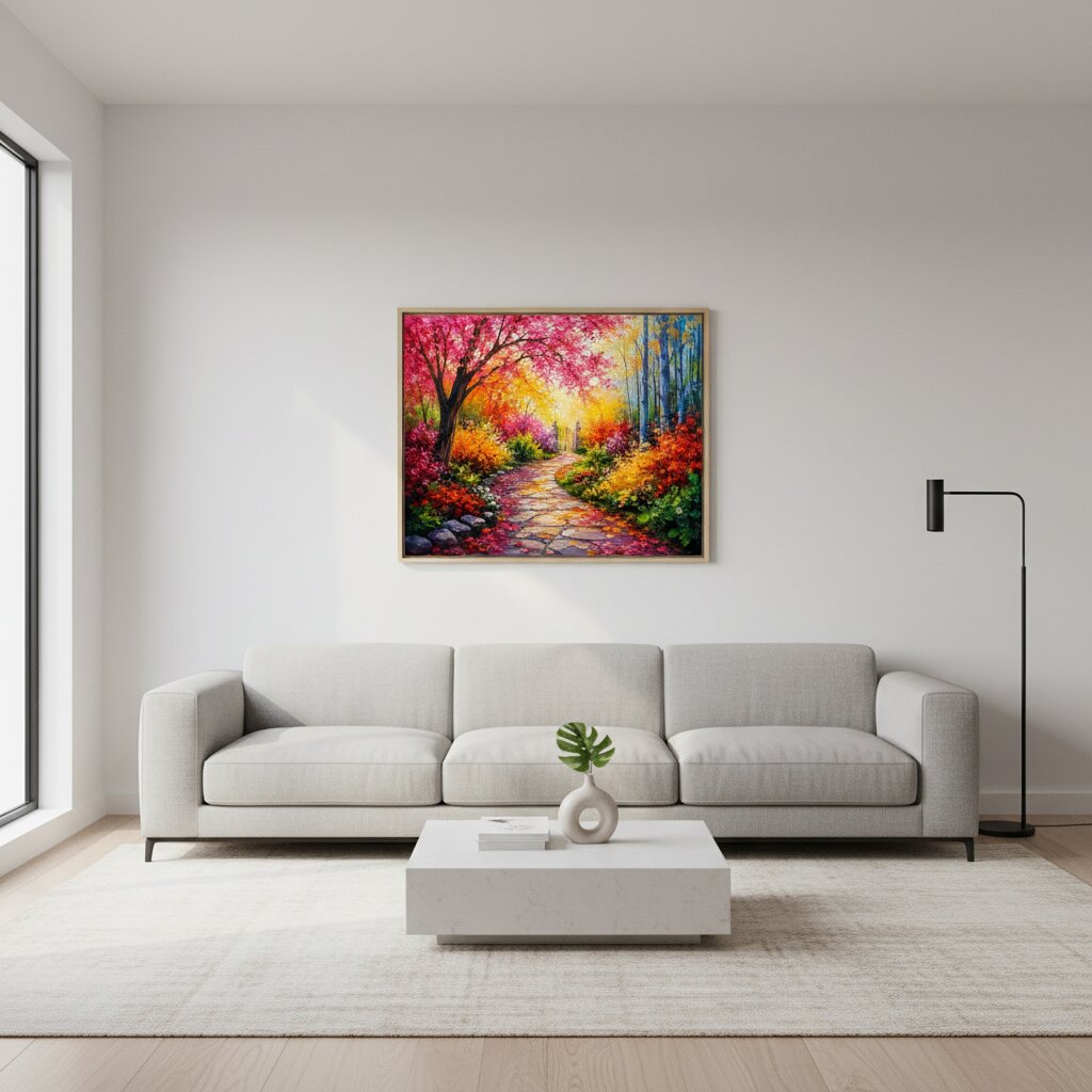 A colorful framed painting of a vibrant autumn forest path hangs on a white wall above a modern light gray sofa in a bright, minimalist living room.