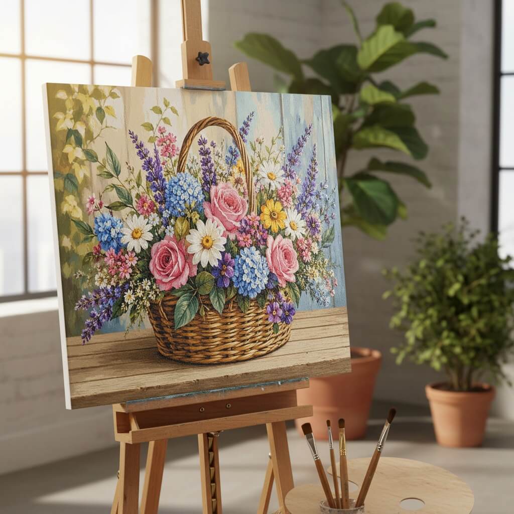 Painting of a floral basket on an easel with plants in the background
