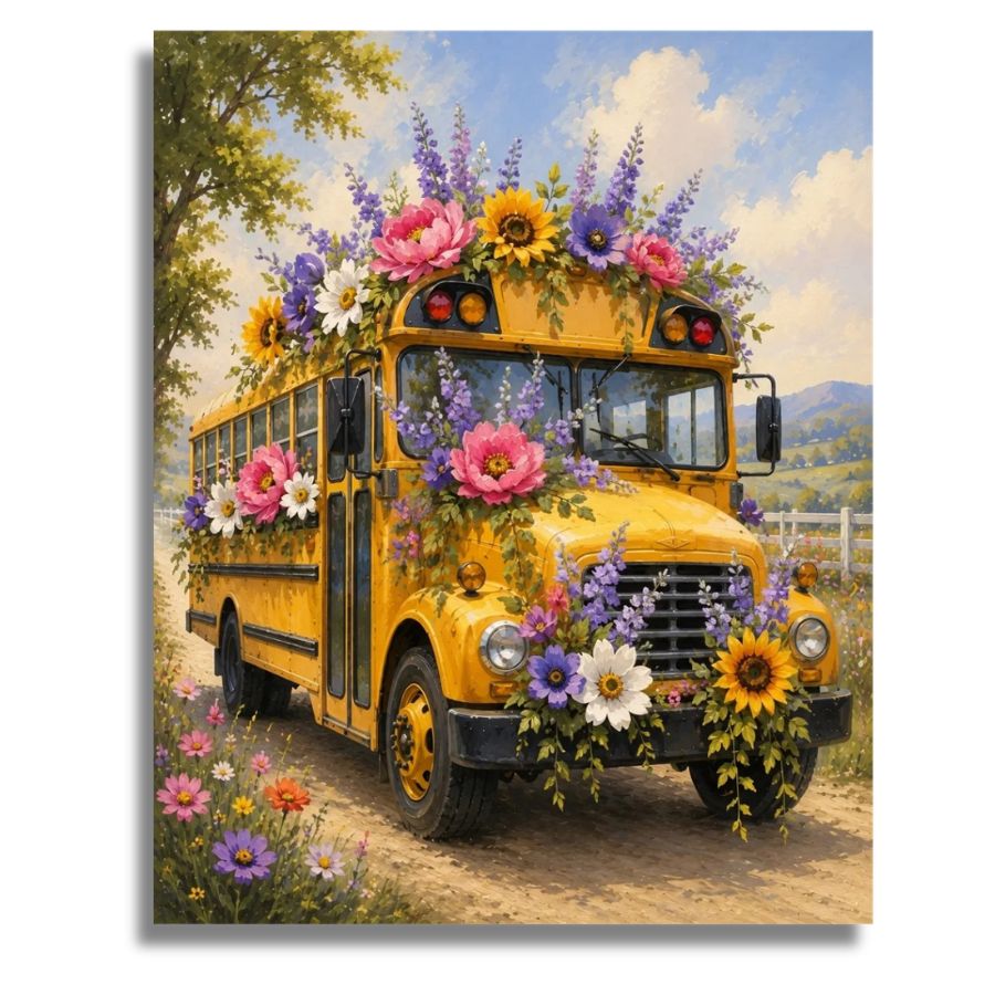 Painting of a yellow school bus decorated with flowers on a scenic background. Blossoming Bus - Paint by numbers